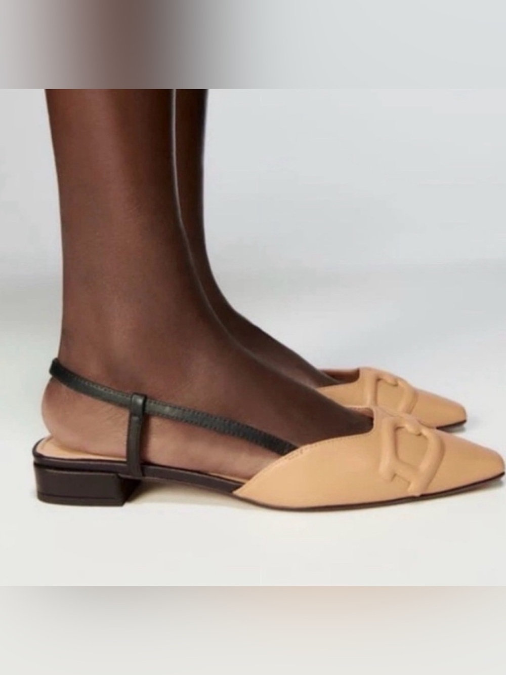 Zara Beige Pointed Slingback Flats with Black Strap brand new